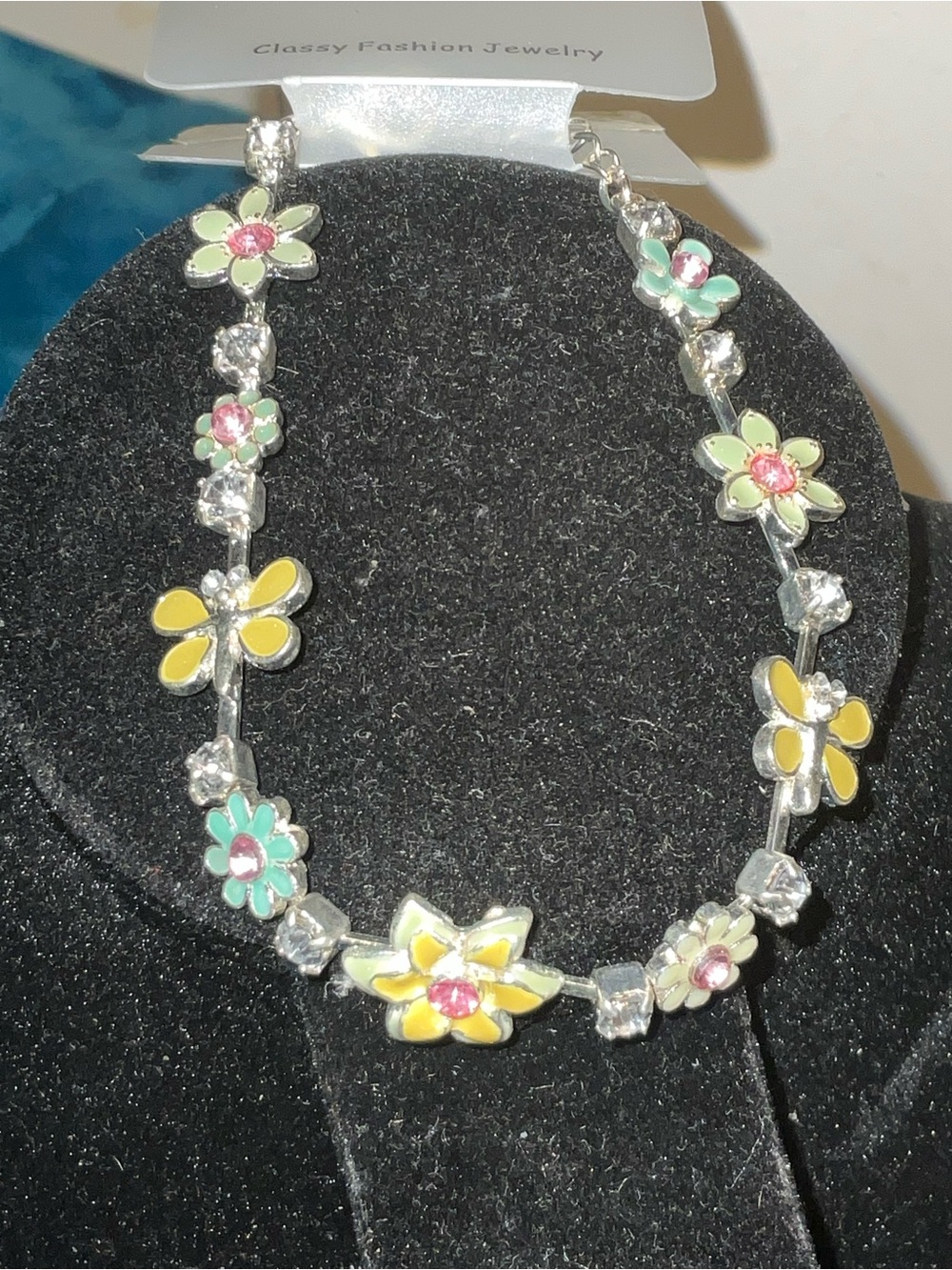 Vintage Pastel Flower BUTTERFLY Rhinestone Link Bracelet SilverToneRetro NOS